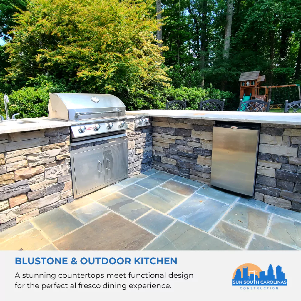 Comparative image showing the contrast between bluestone and an outdoor kitchen.