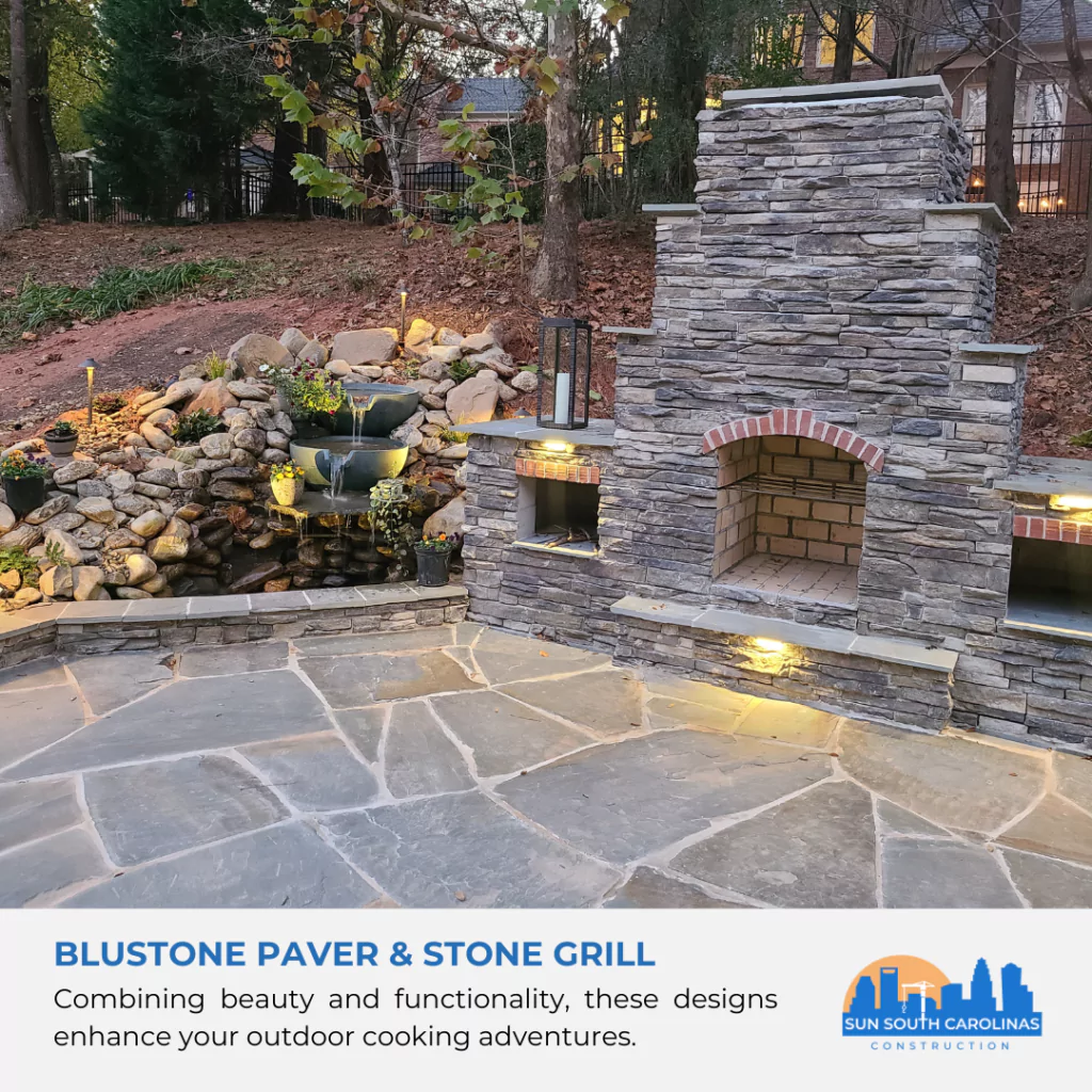 Image showing a bluestone floor contrasting with an outdoor fireplace and fountain.