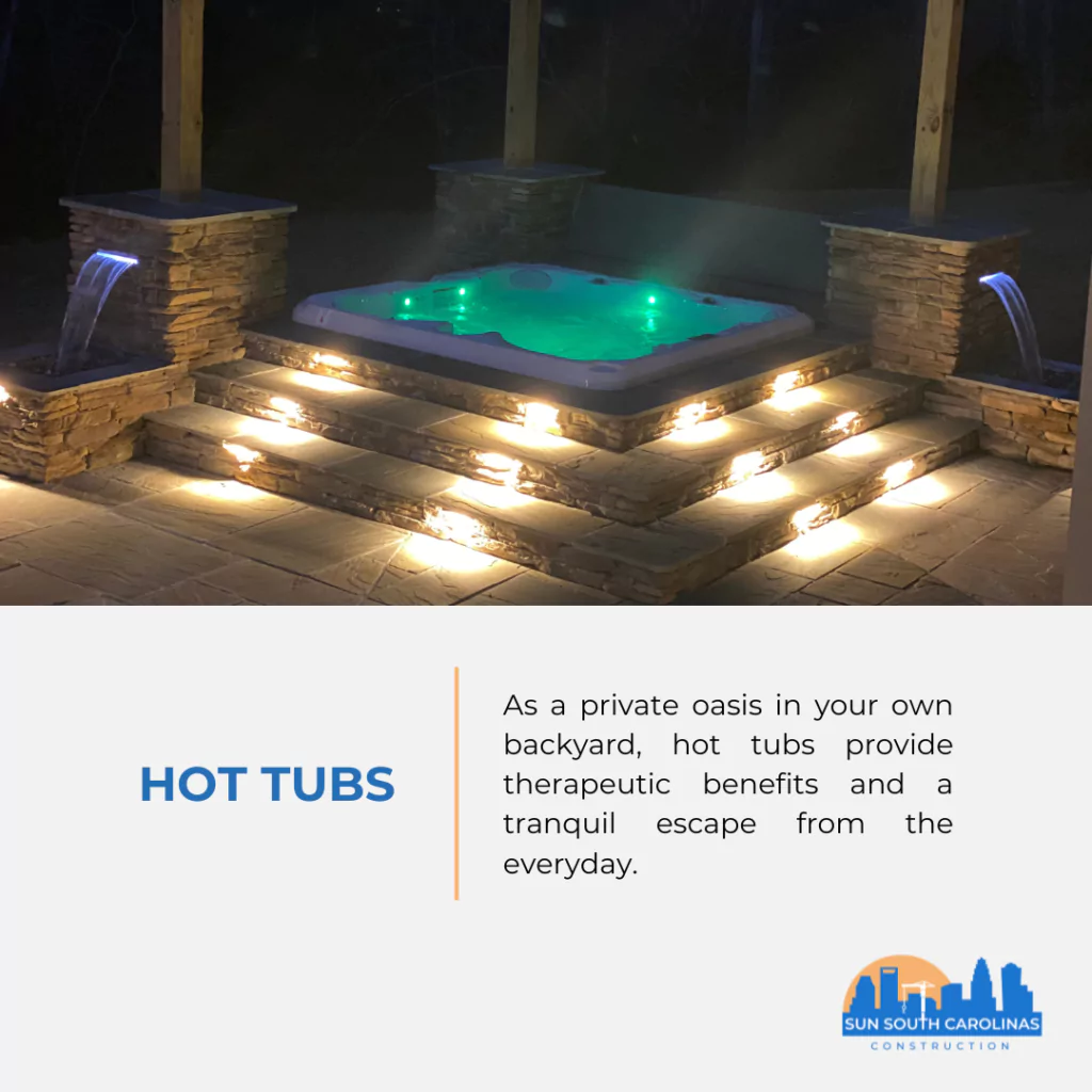 A hot tub at night with lights and a pergola.