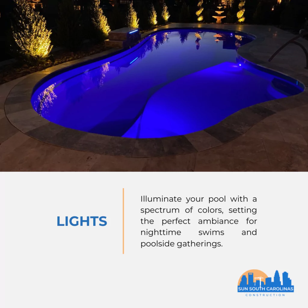 A swimming pool at night with light effects