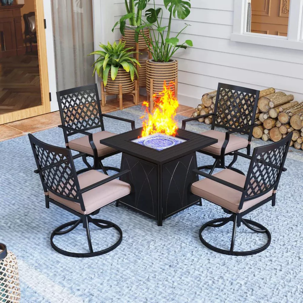 A fire pit surrounded by steel chairs in a patio