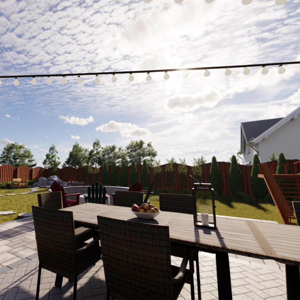 A patio built with 3D modeling technology. There are outdoor furnitures and light features.