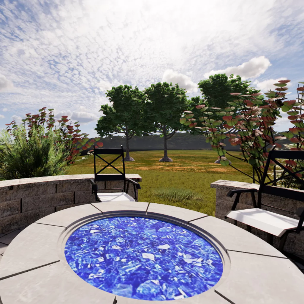 A patio built with 3D modeling technology. A fire pit and metal benches are observed.