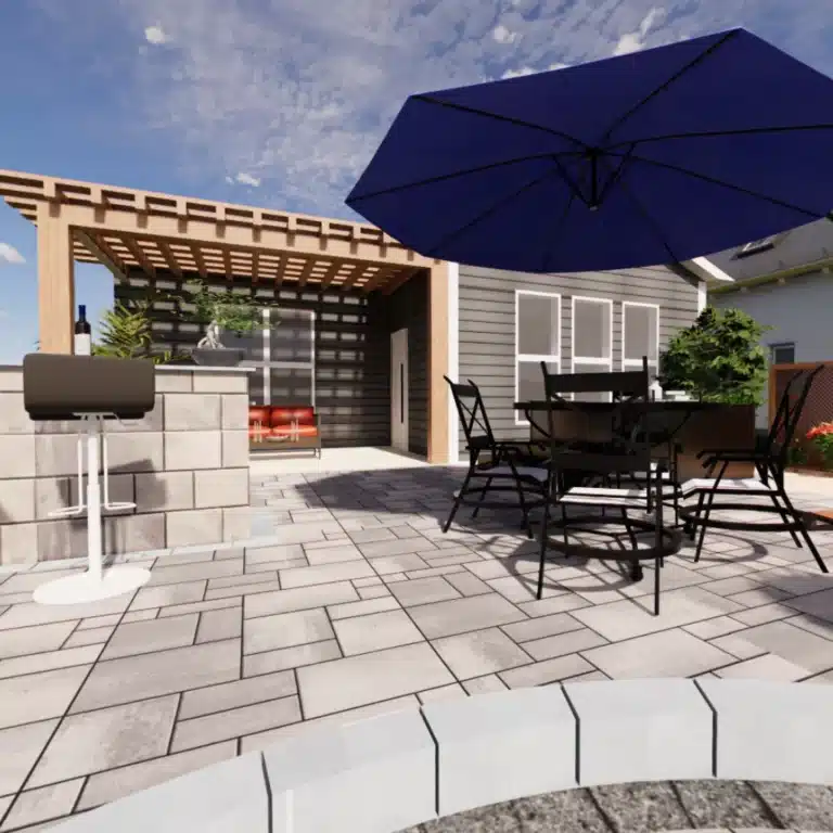 A patio built with 3D modeling technology. There is a pergola and outdoor furniture.
