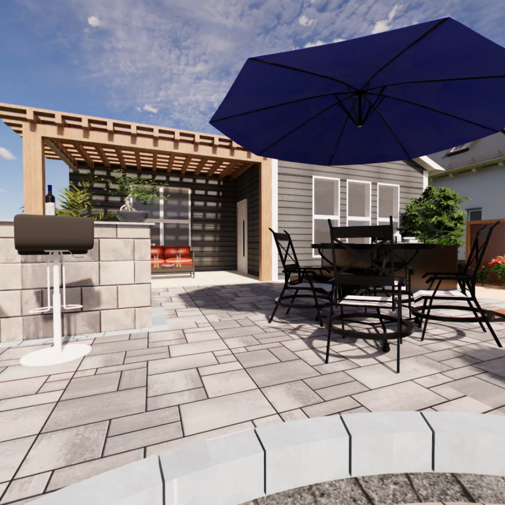 A patio built with 3D modeling technology. There is a pergola and outdoor furniture.
