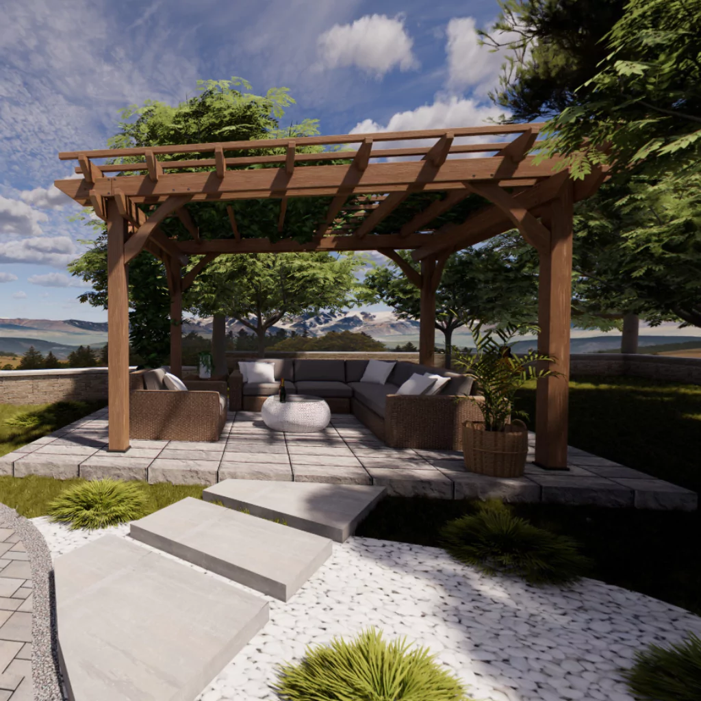 A patio built with 3D modeling technology. There is a pergola and outdoor furniture.