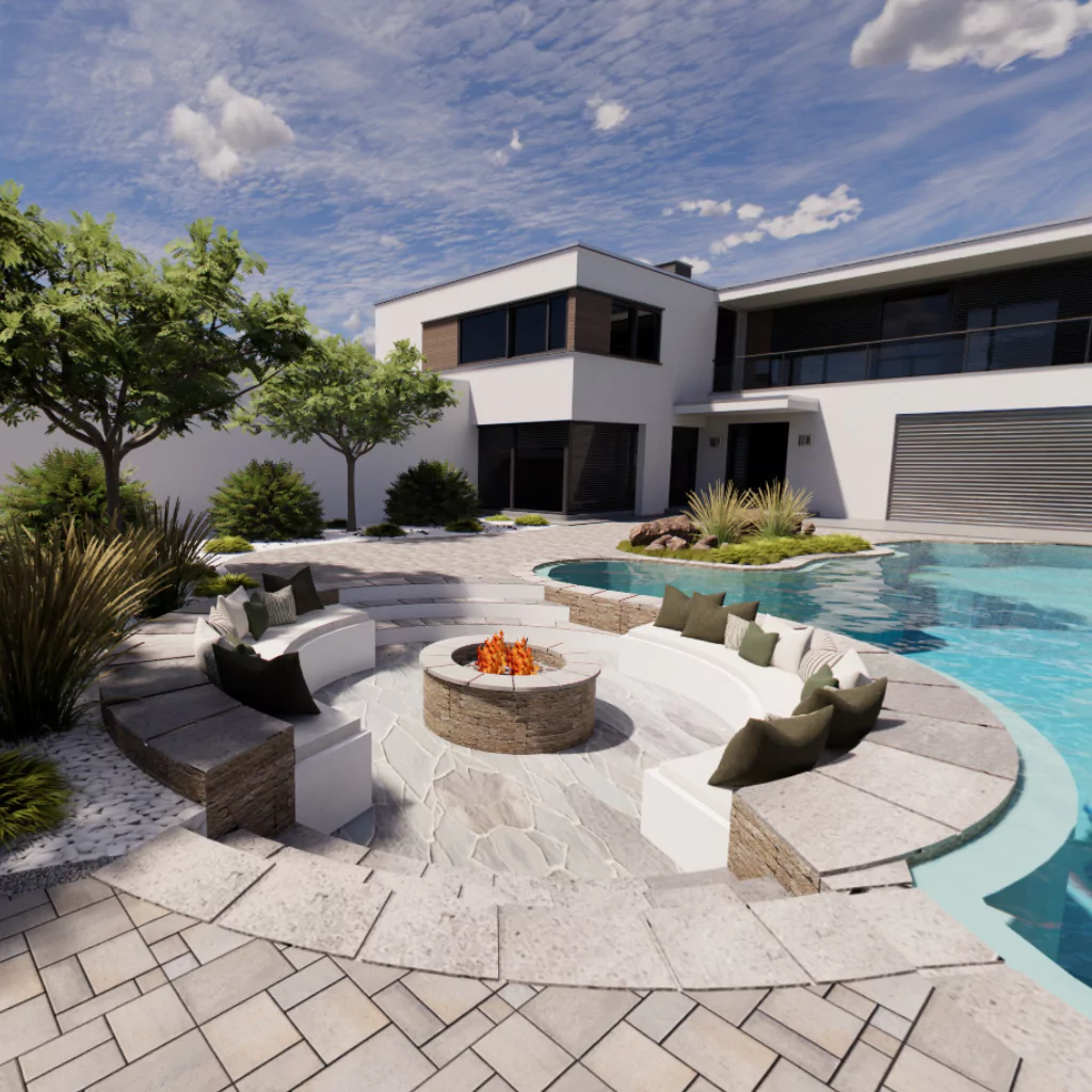 A patio built with 3D modeling technology. There is a swimming pool and a firepit.