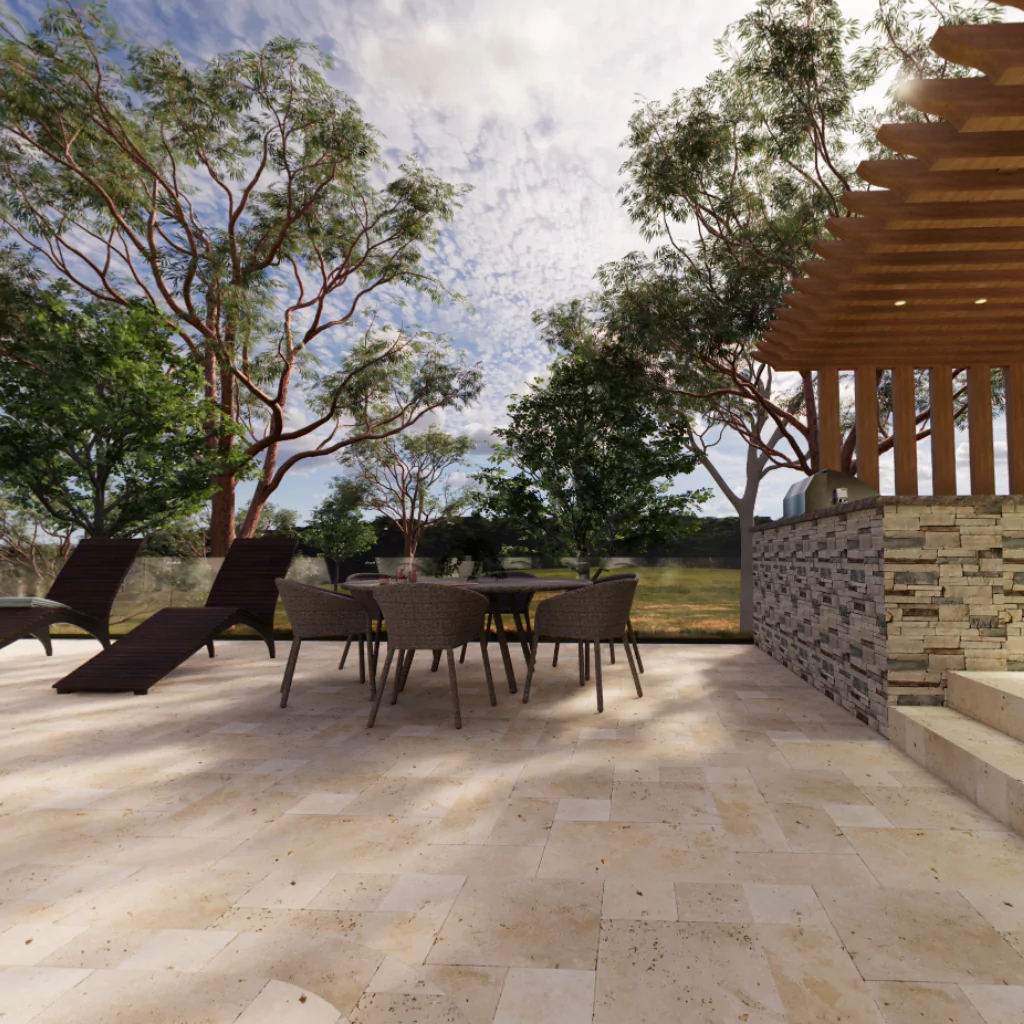 A patio built with 3D modeling technology. There is a pergola and an outdoor kitchen with furniture.