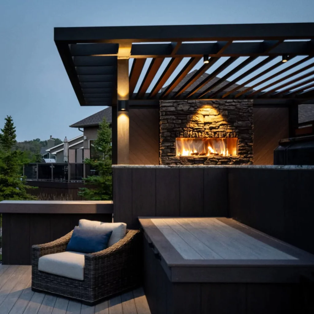A pergola with a set of spotlights that illuminates the night and create an romantic vibe.