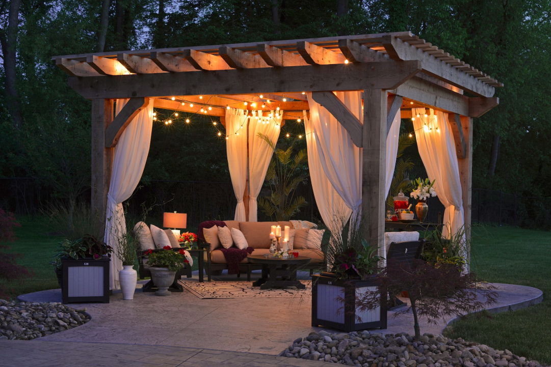 A charming pergola decorated with lights