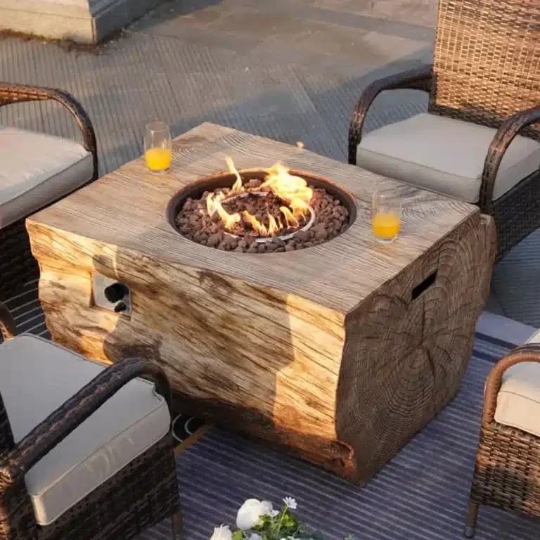 A fire pit built in wood with some chairs around it