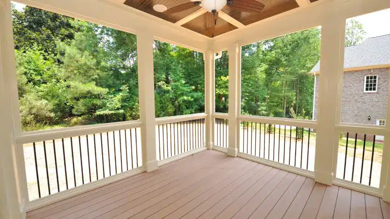 A deck built with treated wood. Deck maintenance