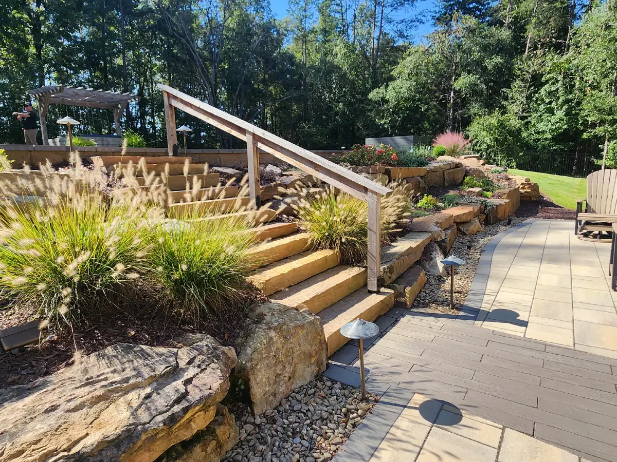 A masterful landscape design for a sloped yard in Charlotte, featuring wide stone steps, lush ornamental grasses, and integrated landscape lighting for beauty and safety.