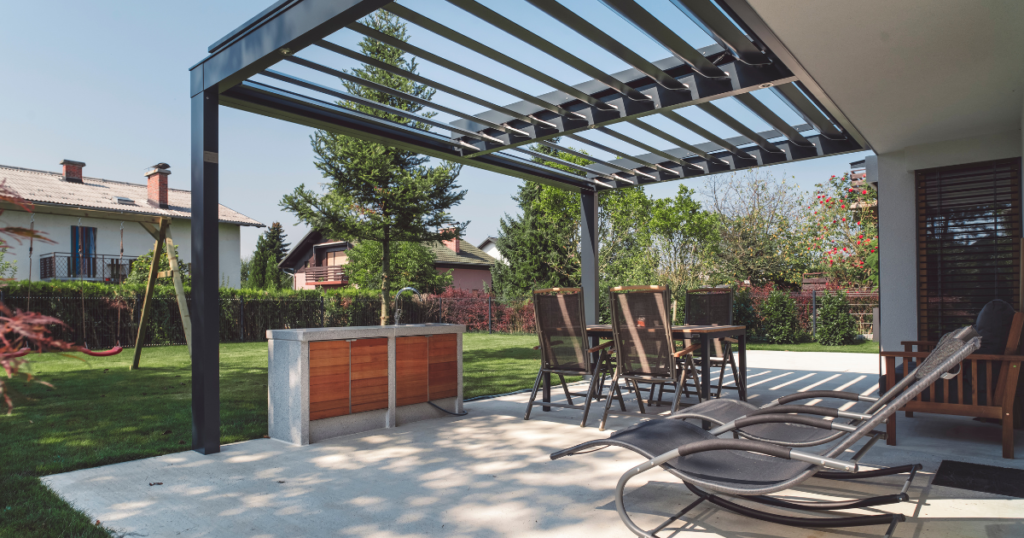 Modern patio with pergola and furniture