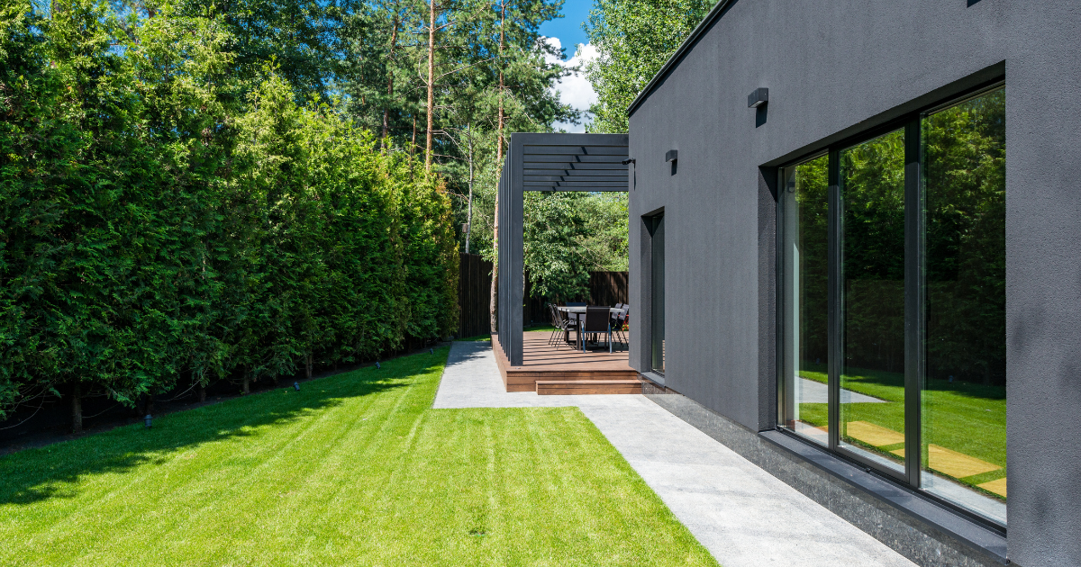 Modern patio with artificial turf.