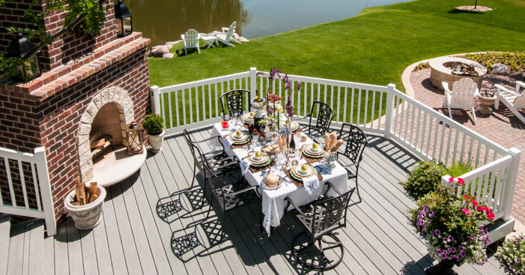 Elegant outdoor dining setup by water