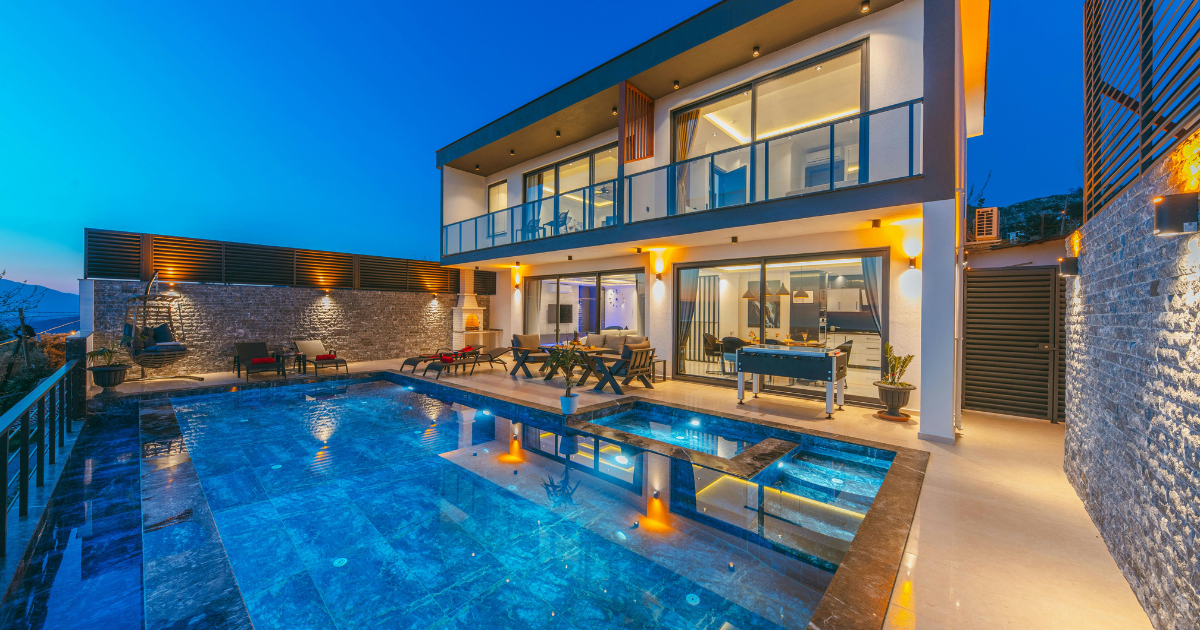 Modern villa with pool at dusk
